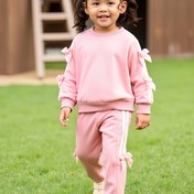 Resim Kızlar için İki Parçalı Sonbahar ve Kış Yuvarlak Yaka Fiyonklu Örgü Kazak ve Pantolon Takımı, Dış Mekan İçin Mükemmel 