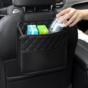 Resim 1 adet Premium Suni Deri Araba Koltuğu Depolama Çantası - Siyah ve Gri Kapitone Tasarım, Şişe Tutuculu Çok Fonksiyonlu Arka Koltuk Düzenleyici, Dayanıklı ve Temizlemesi Kolay, Çoğu Araba ile Uyumlu, Araba Koltuğu Arka Depolama Çantası 