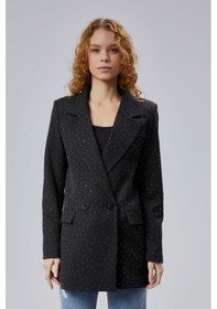 Resim Siyah Regular Dokuma Astarlı Taş Detaylı Blazer Ceket Siyah 