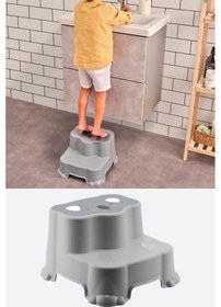 Resim Flosoft Kaydırmaz Çocuk Taburesi Çift Basamaklı, Çocuk Banyo Lavabo Basamak Merdiven Yükseltici Gri 