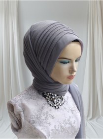 Resim Nuray hazır duvak Koyu gri esnek kumaş hazır duvak hazır şal hazır türban 