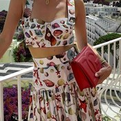 Resim FD1823 Yeni Yaz Çiçek Baskılı Tatil Askılı Düğmeli Üst Moda Kadın Etek Takımı 