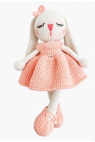 Resim evim oyuncak dünyası Somon Rengi Elbiseli Uyuyan Uzun Kulak Tavşan Amigurumi Organik 
