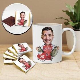 Resim Balık Seven Adam Karikatürlü Kupa ve Çikolata 