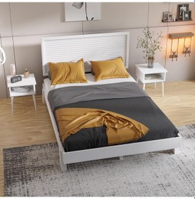 Resim Ebruli Model Beyaz Renk Çam Ahşap Karyola Ve İki Komodin Set Yatay -294 160 x 200 CM 