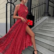 Resim Yüksek Yırtmaçlı Kadınlar için Yazlık Puantiyeli Halter Boyun Elbise - Hafif, Makinede Yıkanabilir Günlük Tatil Elbisesi, Uyluk Yükseklikte Bölme & Plaj ve Akşam Etkinlikleri İçin Nefes Alabilen Kumaş, Yaz Modası, Akıcı Kumaşlı Elbise 