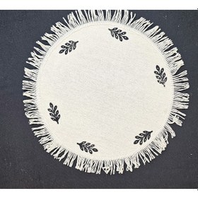 Resim %100 Pamuklu Ham Keten Pamuk Püsküllü Minik Desen Taş Baskı 6' Lı Amerikan Servisi Supla Yuvarlak 40cm Naturel 