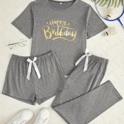 Resim 3 adet Kadınlar için Rahat Pijama Takımı, Kurdeleli - "Mutlu Doğum Günü" Baskısı, Kısa Kollu Üst ve Bağcıklı Şort, Yumuşak Polyester Kumaş, Yetişkinler için Mükemmel Rahatlık 