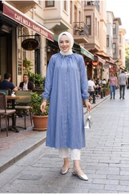 Resim adamila Kadın Mavi Yaka Bağlama Detaylı Uzun Tunik Gömlek Elbise 120 CM Tesettür Salaş Oversize Düğmeli Yazlık Tunik 
