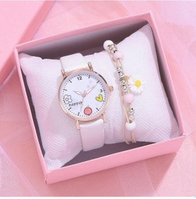 Resim Beyaz 2 Adet/takım Çocuk Saatleri Pembe Sevimli Çocuk Saati Karikatür Desen Kuvars Saat Ve Bilezik 