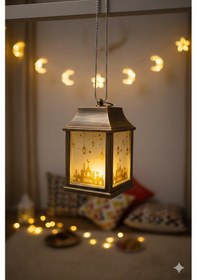 Resim 10 Cm Ramazan Ledli Kare Altın Aynalı Fener - Pil Dahil Dekoratif Ramazan Feneri Diğer 