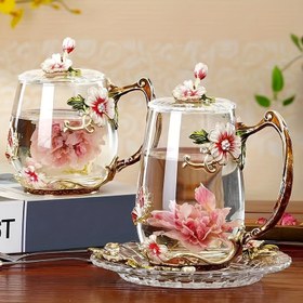 Resim Kısa ve Uzun Boy 320ml/350ml Emaye Renkli Çiçek Desenli Çay Bardağı, Ofis Kahvaltı Süt Meyve Suyu İçin Ev Cam Su Bardağı, Hediye Bardak Ofis Ev Partisi için Uygun 