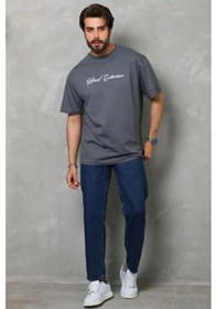 Resim Erkek Baskılı T-shirt Kısa Kol Bisiklet Yaka Regular Fit Tişört - Füme Füme 