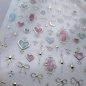 Resim Parıltılı "Galaksi" 5D Tırnak Sanatı Stickerları - Holografik Kalp, Ay & Yay Tasarımları Aurora Glitter ile, Kendinden Yapışkanlı Jöle Mücevherler DIY Manikür Süslemeleri için 