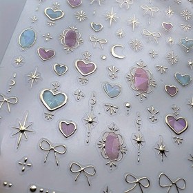 Resim Parıltılı "Galaksi" 5D Tırnak Sanatı Stickerları - Holografik Kalp, Ay & Yay Tasarımları Aurora Glitter ile, Kendinden Yapışkanlı Jöle Mücevherler DIY Manikür Süslemeleri için 