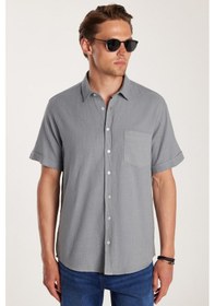 Resim Tudors Erkek Regular Fit Klasik Kesim %100 Pamuk Keten Doku Cepli Gri Gömlek-32679 Gri 
