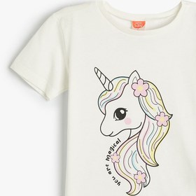 Resim Kız Bebek Tişört Kısa Kollu Bisiklet Yaka Unicorn Baskılı Pamuklu 