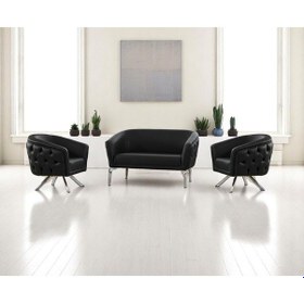 Resim Asel Siyah Deri Kapitoneli Metal Krom Gümüş Silver Çapraz Ayaklı Ofis Koltuk Takımı Siyah 