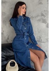 Resim Noa & Noa Kadın Kuşaklı Düğmeli Denim Elbise Yapılandırılmış & Şehirli Stil Mavi 