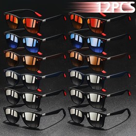 Resim 12 adet Lüks Vintage Unisex Kare Gözlük - Anti-Glare, Retro Sürücü Tasarımı ile Kırmızı Detaylar, İdeal için, Aktiviteler ve Aksesuarlar | Retro Stil Gözlük | Dayanıklı Gözlük 