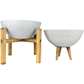 Resim Beyaz Granit 3-4 Ayaklı İkili Set Toprak Saksı 20 Cm Çap 