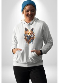 Resim Renkli Sulu Boya Kurt Yapay Zeka Tasarımı Kadın Erkek Beyaz Kapüşonlu Sweatshirt Hoodie Beyaz 
