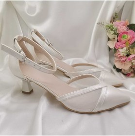 Resim LİNEER Kadın Sedef Kırık Beyaz Rahat 5 Cm Kadeh Topuklu Fileli Stiletto 