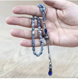 Resim Tesbihname Doğaltaş Sodalit Tesbih - 1000 Ayar Gümüş Kazaz Püsküllü - Mavi Beyaz Renk - Arpa Kesim Çok Renkli 