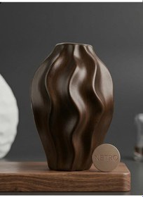 Resim Dalgalı Model El Yapımı Özel Seri Seramik Vazo 25cm Koyu Kahverengi 