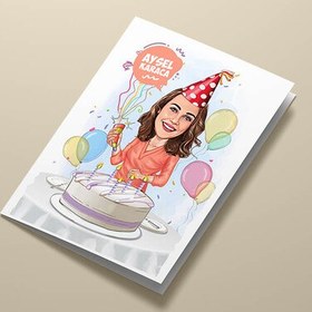 Resim Doğum Günü Kutlayan Kadın Karikatürlü Tebrik Kartı 