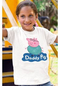 Resim Sevbano Baba Pig Peppa Pig Baskılı Unisex Çizgi Film Çocuk Tişört 1-12 Y Beyaz 
