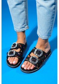 Resim Luvishoes Dungeon Siyah Renkli Tüvit Çift Bantlı Taş Tokalı Kadın Terlik Siyah 