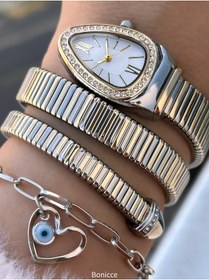 Resim Bonicce Kutusunda Kalından İnceye Doğru Taşlı Sarı Gümüş Kordon, Yılan Saat+Kalpli Bileklik 