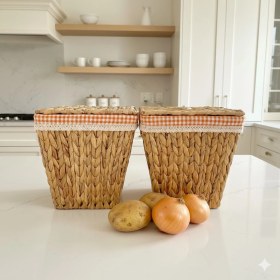 Resim Beyaz Atölye 2li Turuncu Renkli Iç Korumalı Hasır Kapaklı Çok Amaçlı Patates ve Soğan Sepeti 