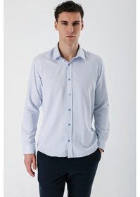 Resim İmza Koyu Mavi Uzun Kollu Desenli Armürlü Sert Yaka Cepsiz Pamuklu Slim Fit Dar Kesim Gömlek 1004235171-koyu Mavi Koyu Mavi 