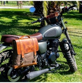 Resim Motosiklet Çantası, Motosiklet Yan Çantası, Deri Çanta, Mumlu Kanvas, Geçme Kilitli Kahverengi Addison 