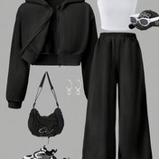 Resim Genç Kızlar için Rahat Üç Parça Takım, Polar Kapüşlu Fermuarlı Gömlek, Kolsuz Üst ve Bol Pantolon, Günlük Giyim, İşe Giderken, Okul, Sonbahar/Kış İç/Dış Giyim, Dış Mekan, Gençler İçin 