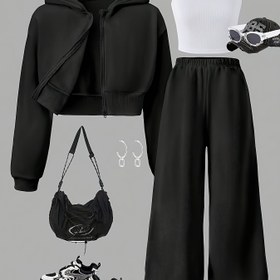 Resim Genç Kızlar için Rahat Üç Parça Takım, Polar Kapüşlu Fermuarlı Gömlek, Kolsuz Üst ve Bol Pantolon, Günlük Giyim, İşe Giderken, Okul, Sonbahar/Kış İç/Dış Giyim, Dış Mekan, Gençler İçin 