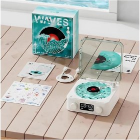 Resim Waves Nostalji Plak Görünümlü Bluetooth Hoparlör 3D Ses Dalgası Retro Müzik Plak Mavi 