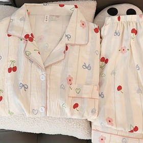 Resim Sevimli Kiraz Çiçeği Fiyonk Baskılı 2 Parça Kadın Pijama Takımı Düğme Yaka Tasarımlı Yeni Karikatür Kawaii Ev Giyimi 