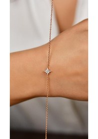 Resim Roza Silver Zirkon Taşlı Rose Kutup Yıldızı Minimal Gümüş Bileklik 