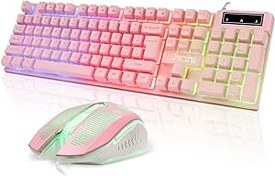 Resim Pembe Klavye ve Fare Oyun Kurulumu USB Kablolu Kawaii Kombo Çok Renkli RGB Arkadan Aydınlatmalı Çatışmasız Kahverengi Mekanik Anahtar Hissi 4200DPI Fareler PC Oyun Host PS4 PS5 Bilgisayar için 