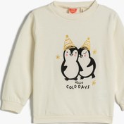 Resim Kız Bebek Penguen Baskılı Sweatshirt Şardonlu Uzun Kollu Bisiklet Yaka Pamuklu 