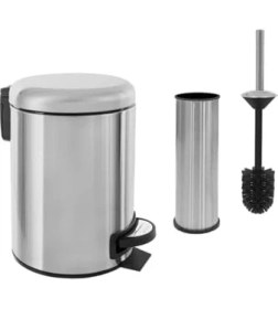Resim Serisi Antifenger Özellikli 2'li Banyo Seti Çöp Kovası ve Kolozet Fırçası Paslanmaz Krom 3 Litre 