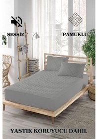 Resim Mona Verde Alez Takımı %100 Pamuklu Sessiz 3 Parça Kapitoneli Yastık Alezli MNVAPFK00 Gri 