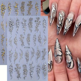 Resim 2 set Y2K Altın ve Gümüş renkli düzensiz alev çizgili tırnak çıkartmaları - Altın ve gümüş renkli düzensiz alev çizgi sanat tasarımı, 3D sıcak damgalama işlemi, Y2K basit çizgi tema stili, kadınların tek kullanımlık kendinden yapışkanlı arka yapıştırma tırnak süslemesi için uygun 