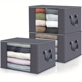 Resim 3'lü paket Büyük Kapasiteli Katlanabilir Kumaş Saklama Kutuları - Yatak, Giysi, Yastık, Yorganlar için İdeal - Ev, Yatak Odası, Yurt, Spa Gardıropları için Mükemmel - Gri Dokuma Malzeme, Elektrik Gerekmez 