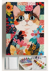 Resim Sayılarla Boyama Seti Numaralı Tuval Fırça Boya 40x50 Cm - Desenli Kedi 