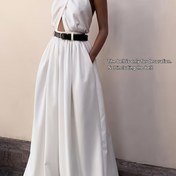 Resim Geniş Bacaklı, Kolsuz, Sırtı Açık, Polyester, Bahar/Yaz Kadın Modası, Akşam Yemeği Kıyafeti | Halter Boyun Elbisesi | Polyester Tulum 