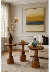 Resim Doğal Meşe Ahşap Mantar Sehpa 3 Lü Set Fiskos & Zigon Takımı Kahverengi 